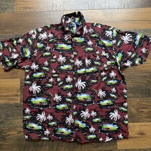 Vintage Puritan Hawaiian Shirt 2XL Cars Palm Trees Rayon Made in Korea